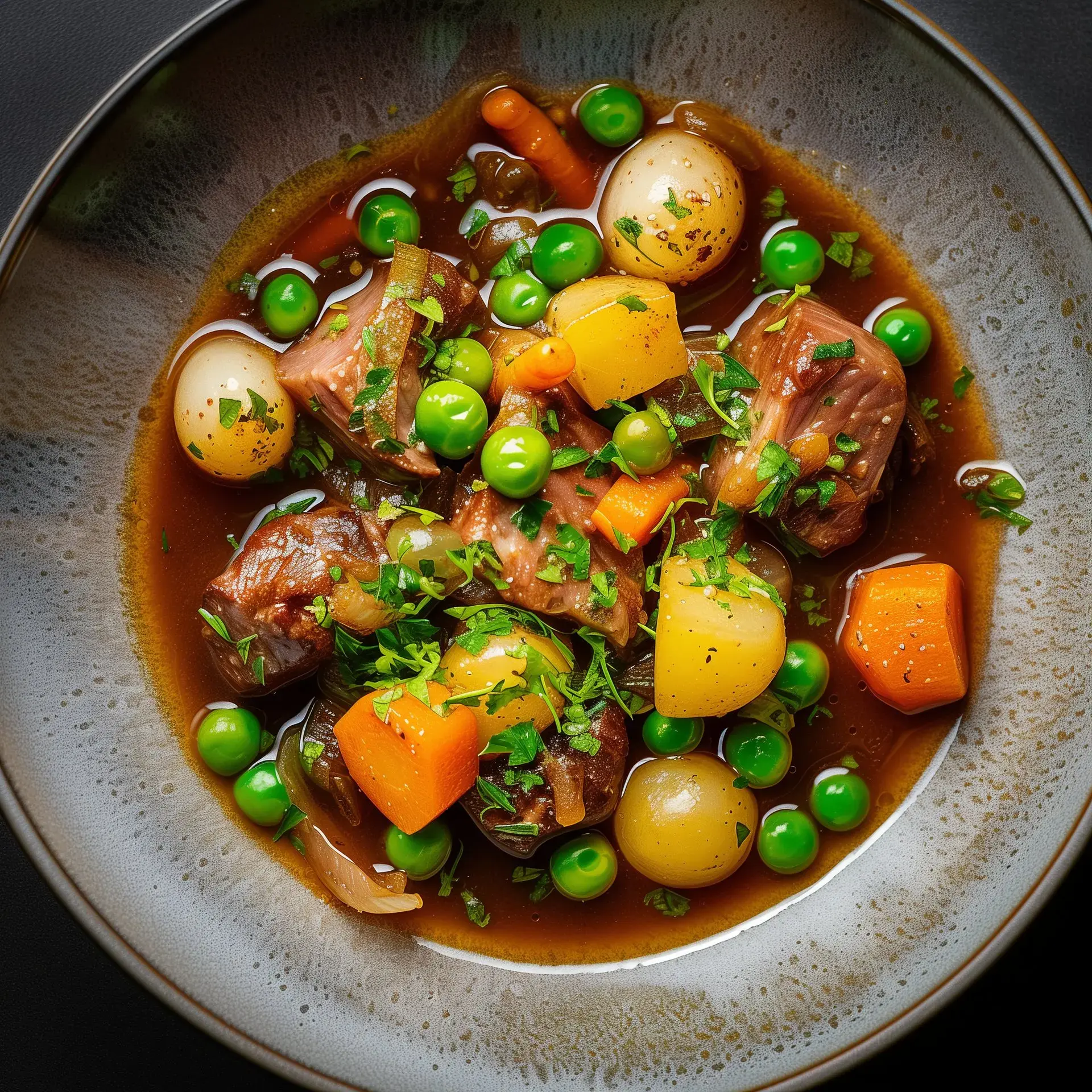 Un savoureux plat d'agneau mijoté entouré de pois, carottes colorées, pommes de terre et oignons dans un jus parfumé.