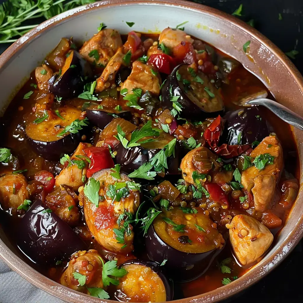 Des morceaux de poulet, d’aubergines et de tomates baignés dans une sauce épicée, parsemé de coriandre.