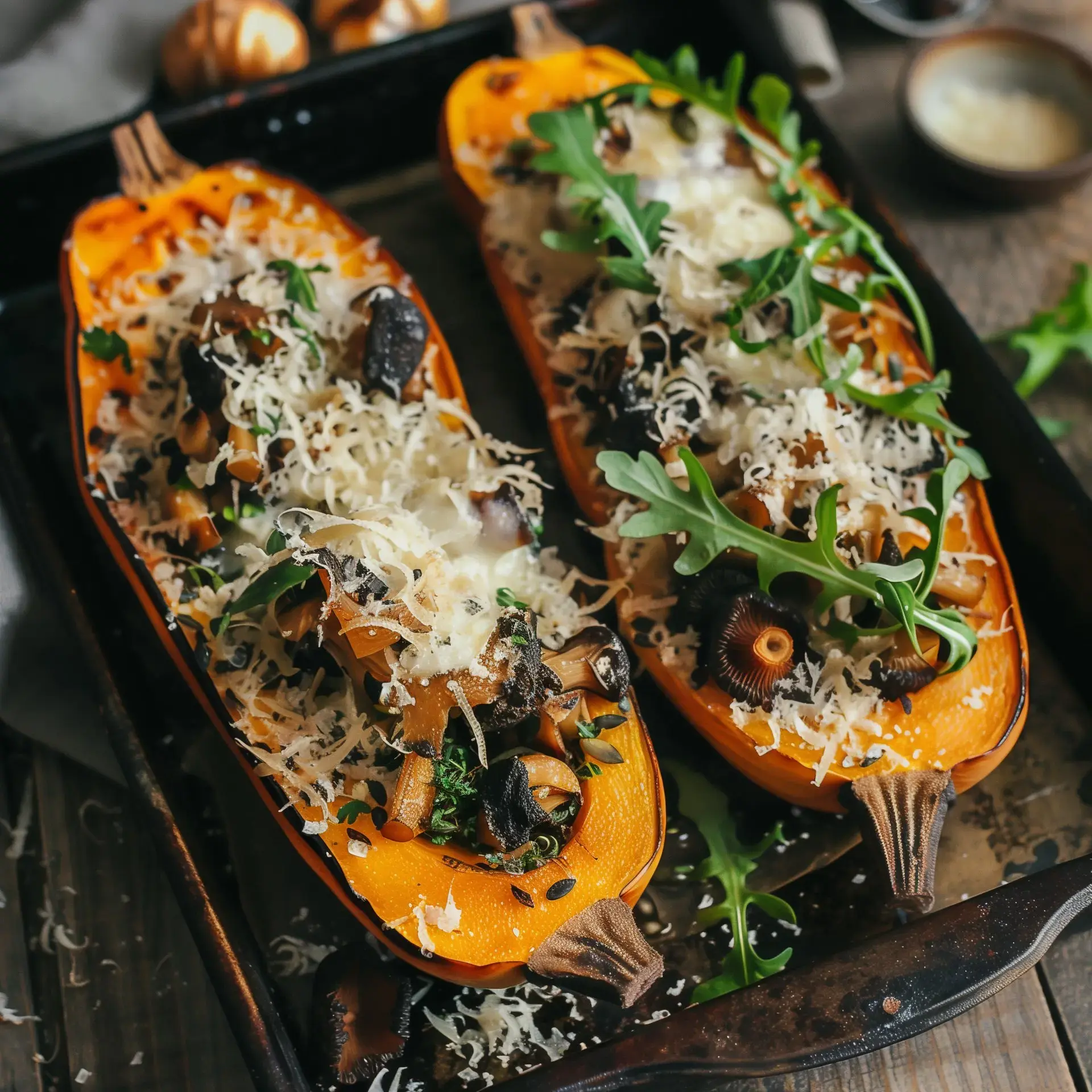 Moitiés de courge butternut farcies d’un mélange de morilles, parmesan et épeautre, prêtes à servir.
