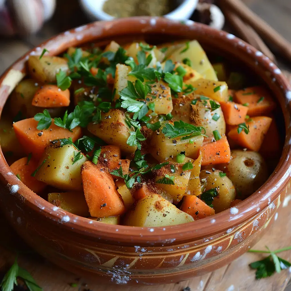 Assortiment de légumes colorés comme carottes et pommes de terre, assaisonnés avec des épices et du persil frais, servis dans une marmite en terre cuite.