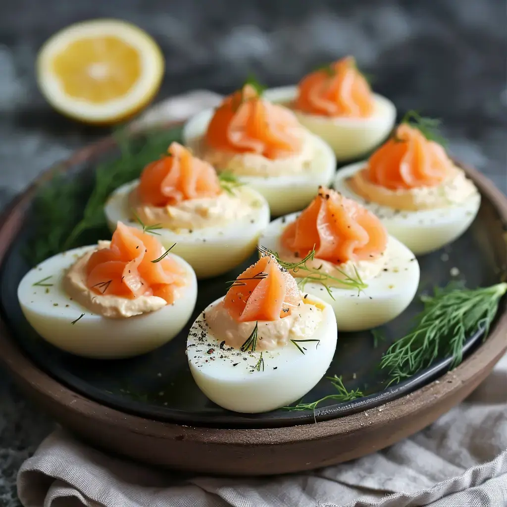 Œufs décorés avec une mousse au saumon fumé et une touche d'aneth sur une assiette moderne avec un citron visible au fond.