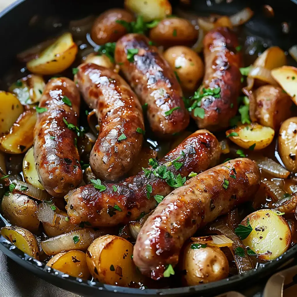 Saucisses dorées, pommes de terre grillées et oignons fondants avec du persil frais.