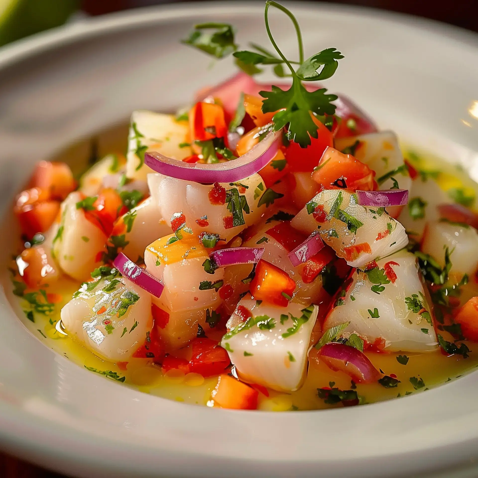 Un plat coloré de ceviche avec morceaux de poisson, tomates, oignons rouges et coriandre fraîche.
