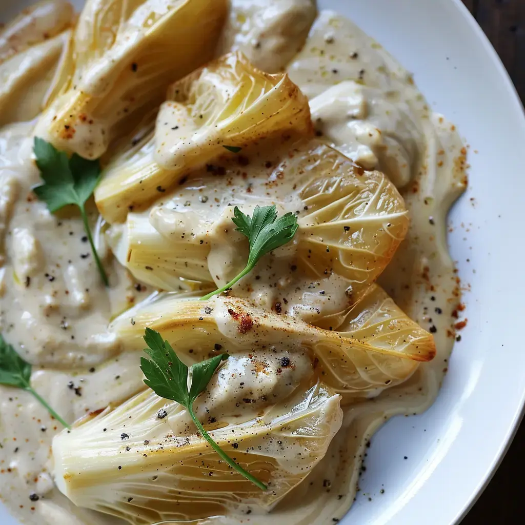 Un plat réconfortant avec légumes nappés de crème et décorés de persil frais, parfait pour un dîner chaleureux.