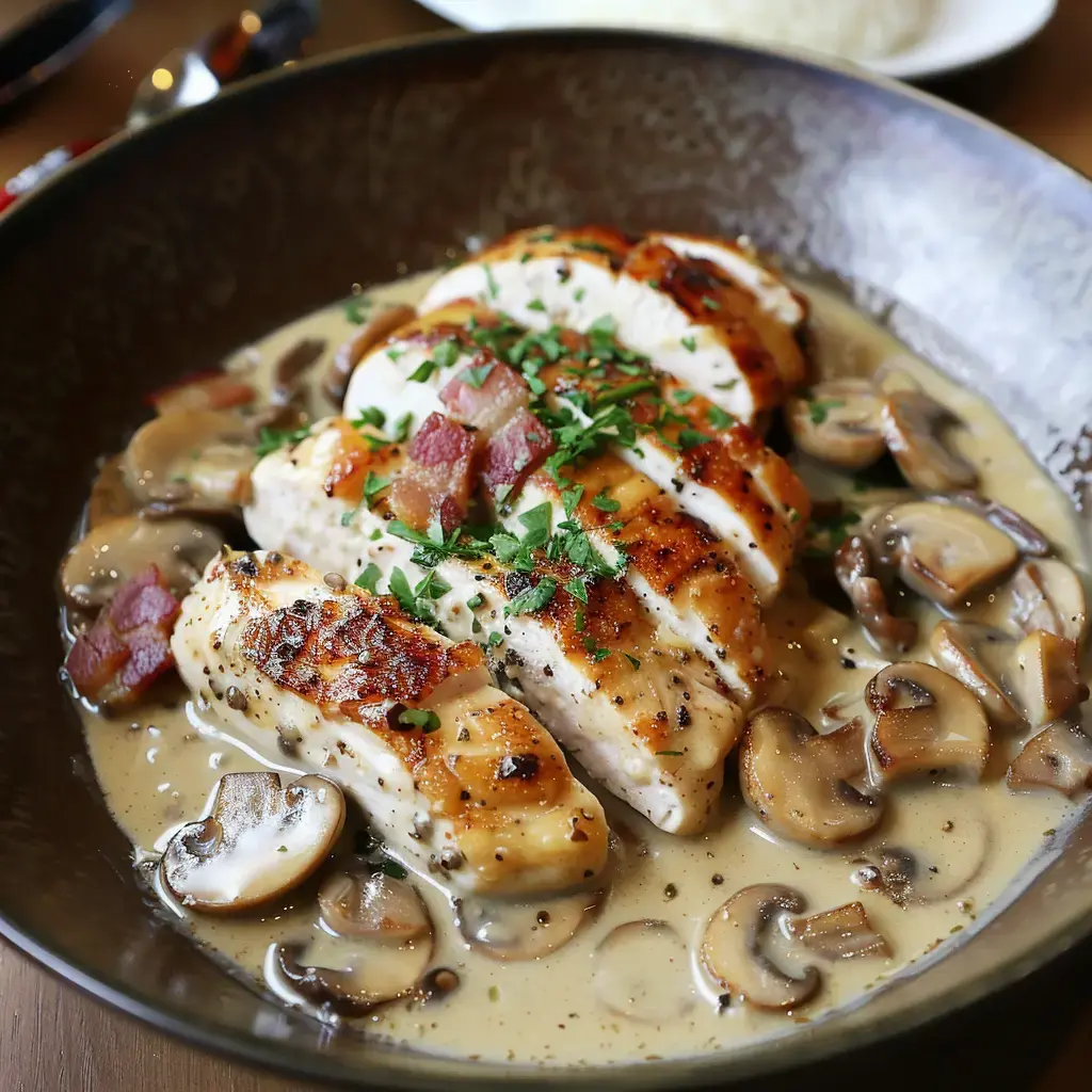 Plat de poulet tendre servi avec une onctueuse sauce moutarde et des morceaux de champignons et lardons, décoré de persil frais.