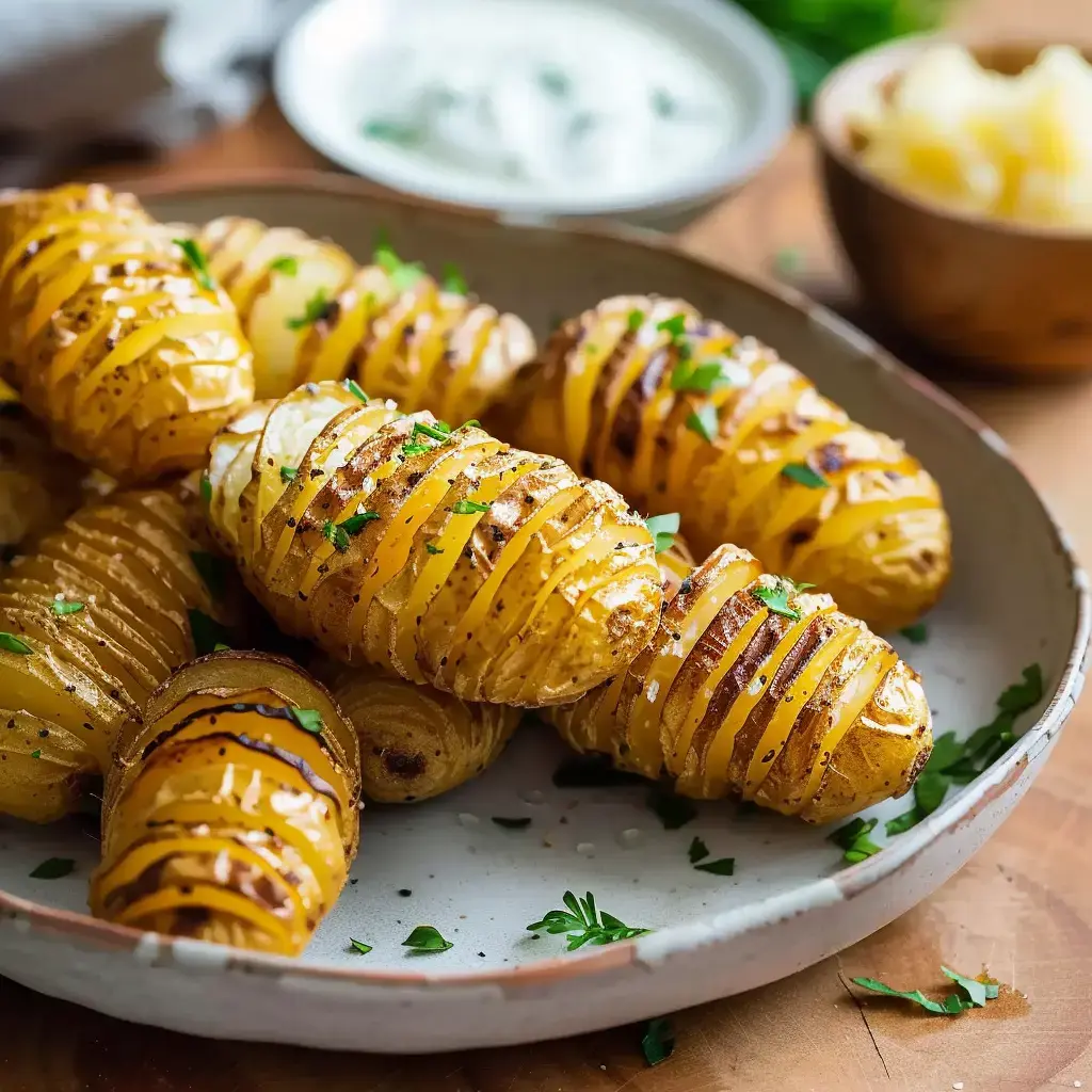 Pommes de terre croustillantes et entaillées, présentées avec du persil sur un plat à côté d'une sauce blanche.
