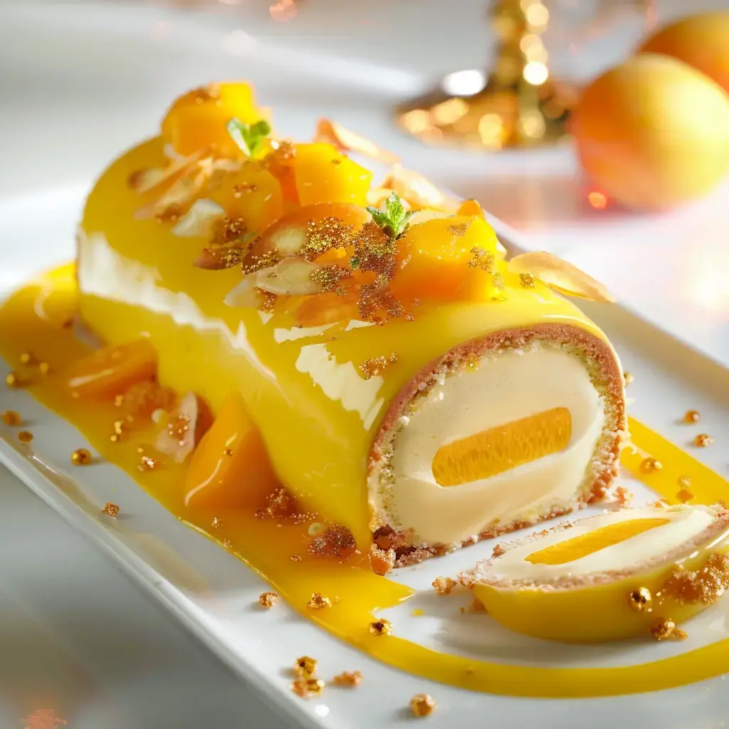 Dessert glacé avec mangue, amandes et coulis de mangue, posé sur un joli plat.