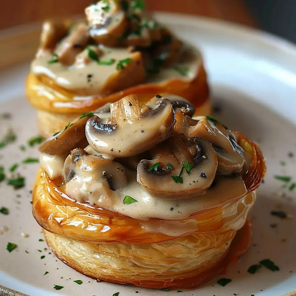 Bouchées feuilletées, sauce champignons épaisse et persil dessus dans une assiette.
