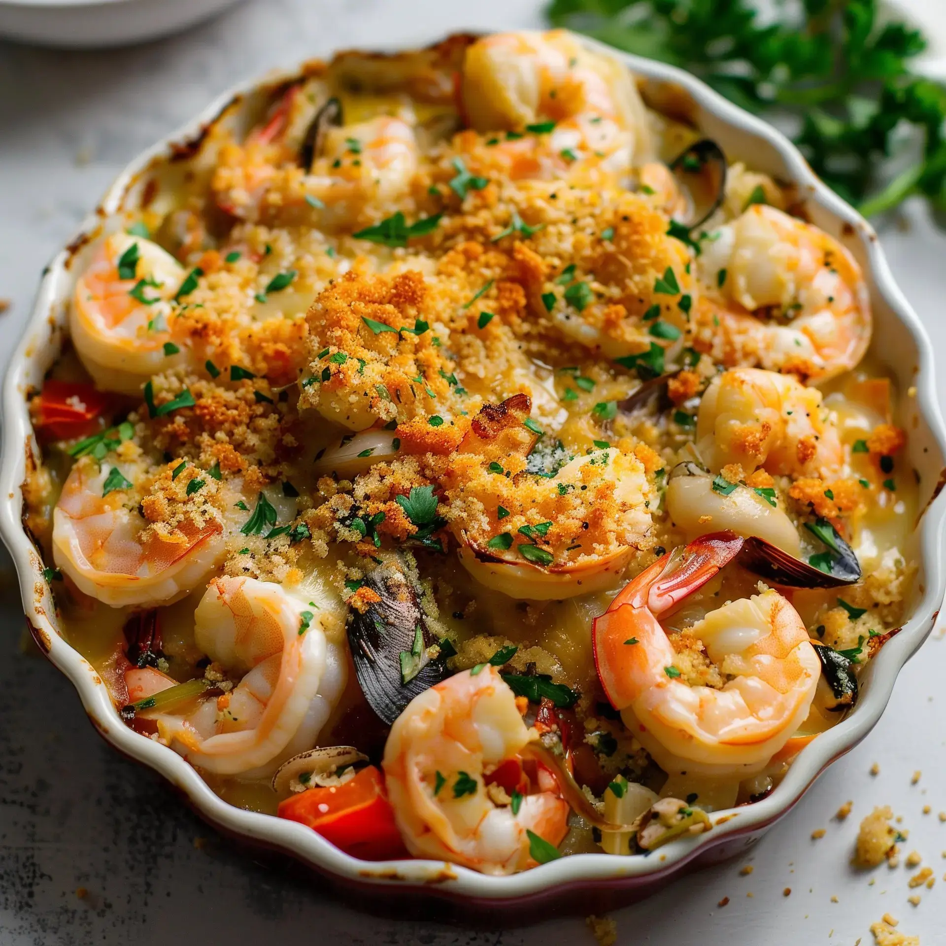 Un délicieux gratin de fruits de mer avec crevettes, moules et une croûte dorée, décoré de persil frais.
