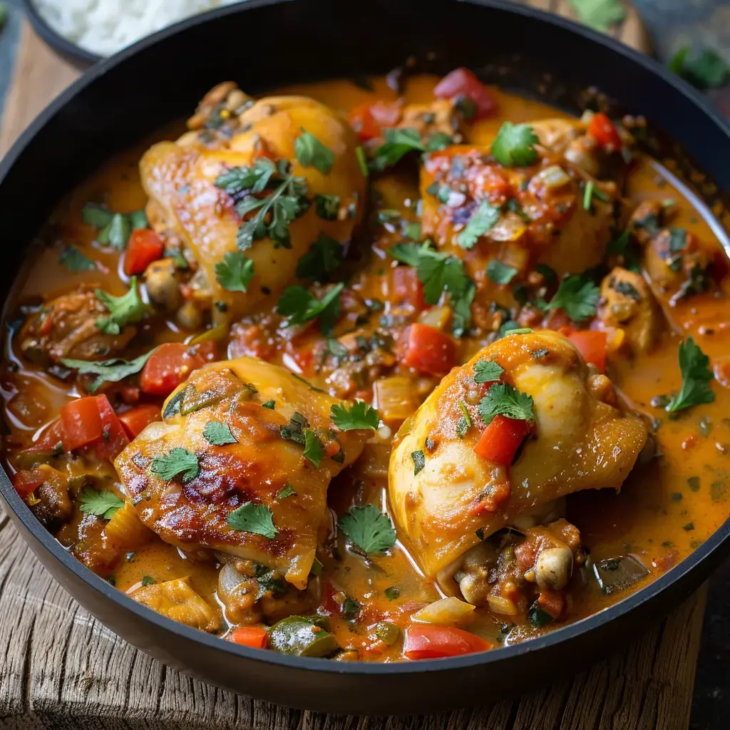 Du poulet doucement mijoté avec des petits légumes, nappé d’une sauce coco épicée, tout juste servi et rempli de fraîcheur.