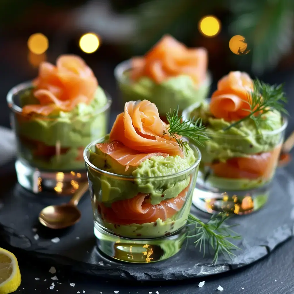 Des verrines avec une mousse d'avocat et saumon fumé, décorées de brins d'aneth.