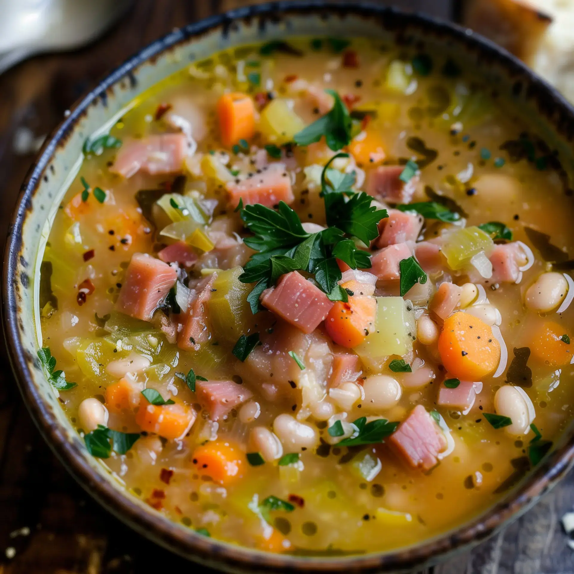 Un grand bol de légumes cuits, garni de jambon tendre et d'herbes fraîches.