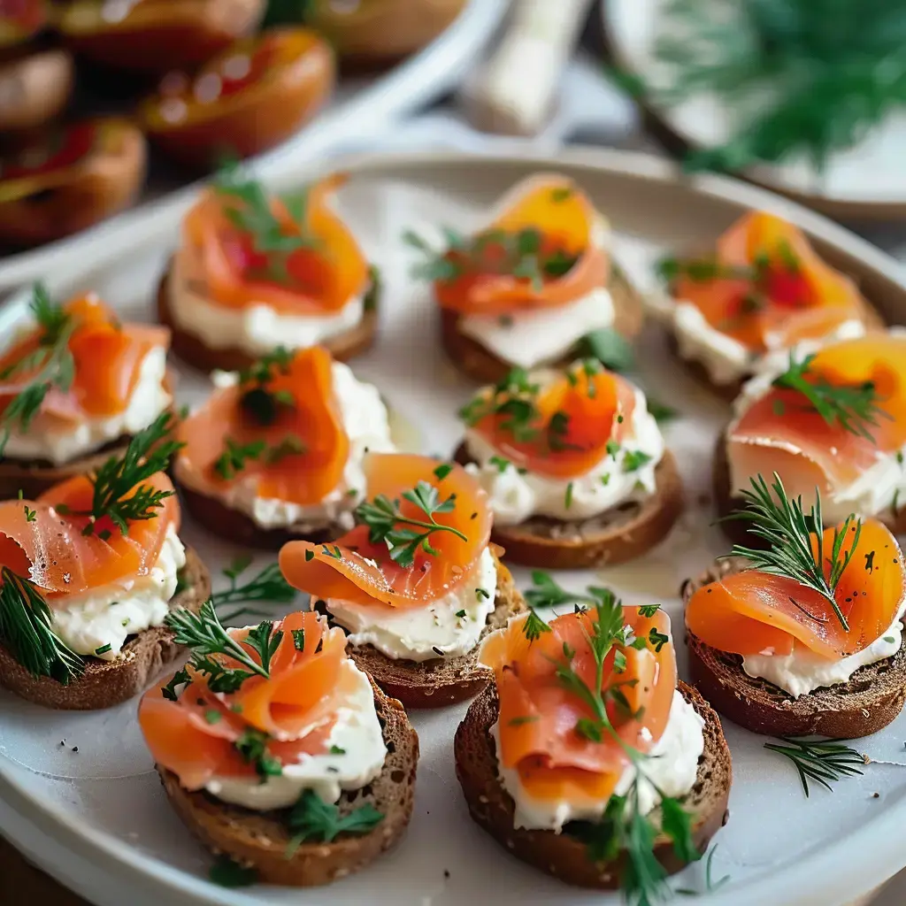 Plateau avec des tartines de saumon fumé et fromage, décorées d'herbes fraîches.