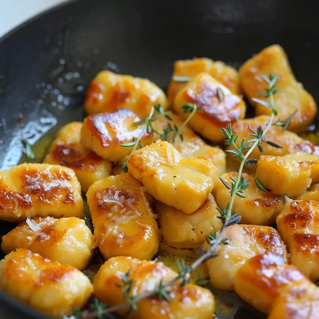 Gnocchis dorés et appétissants avec des herbes sautés dans une poêle.