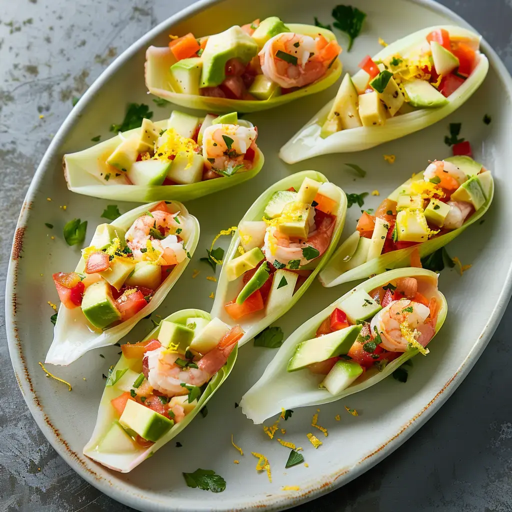 Des bouchées d'endive avec crevettes, tomates et pommes, joliment présentées.