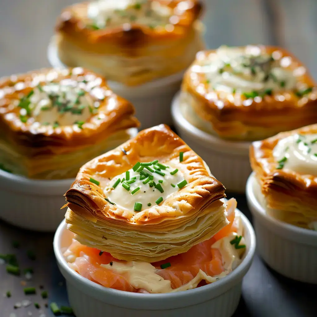 Petits ramequins garnis de crème, saumon fumé et ciboulette dans une pâte dorée.