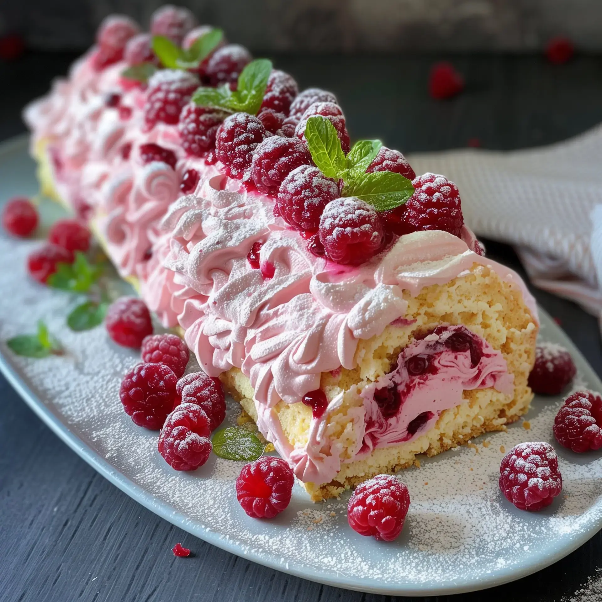 Un dessert festif au mascarpone décoré de framboises et feuilles de menthe sur un plateau.