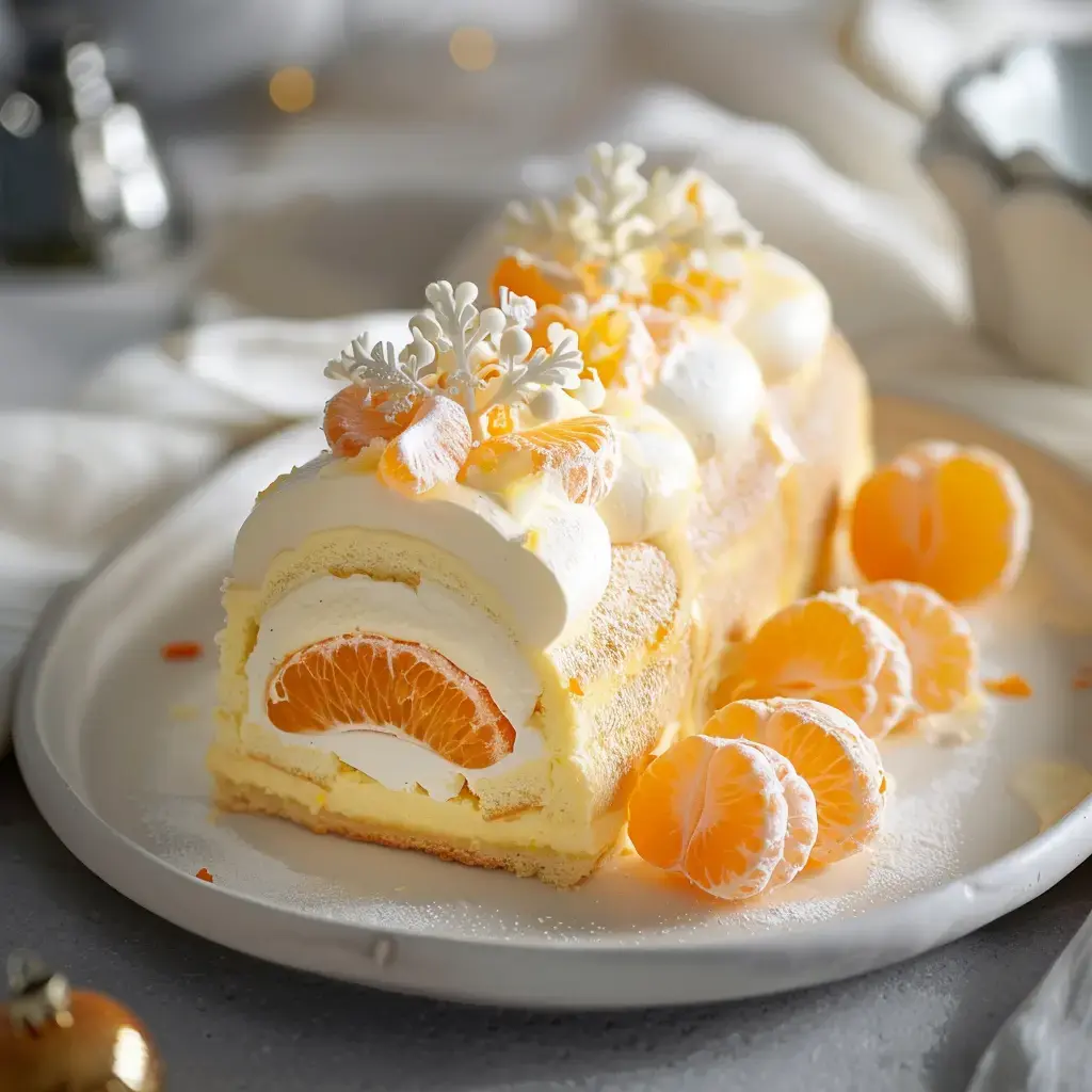 Une bûche garnie de crème et de segments d’orange, des petits flocons de sucre en déco, avec des tranches d’orange tout autour.
