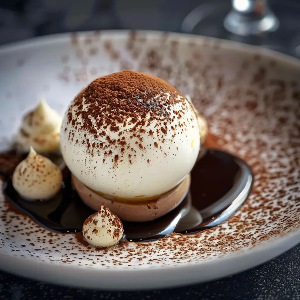 Dessert chic en sphère glacée recouverte de cacao, avec crème et chocolat autour.