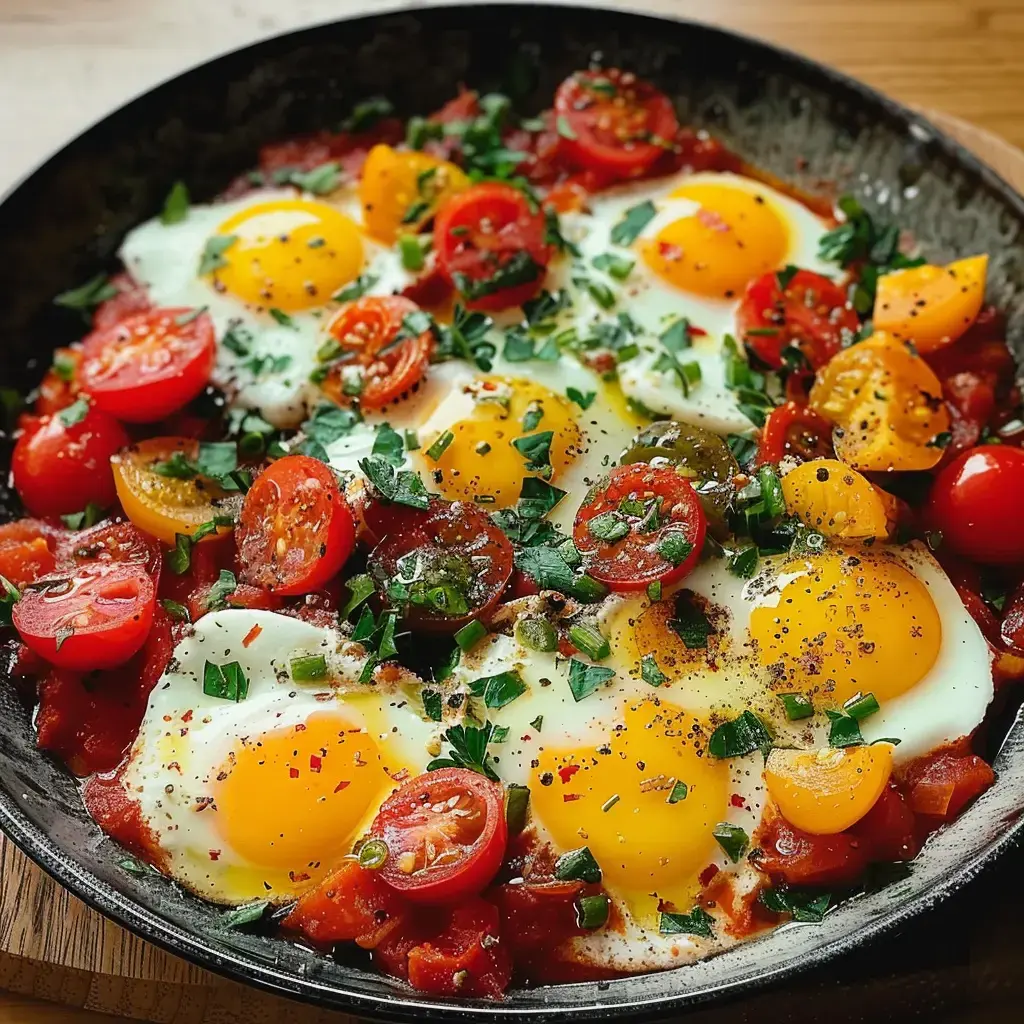 Une poêle avec des œufs pochés dans une sauce tomate, garnie de tomates cerises colorées et de persil frais.