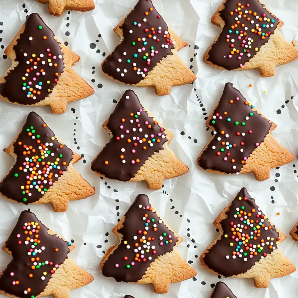 Sablés sapin décorés avec du chocolat noir et des petits vermicelles colorés.