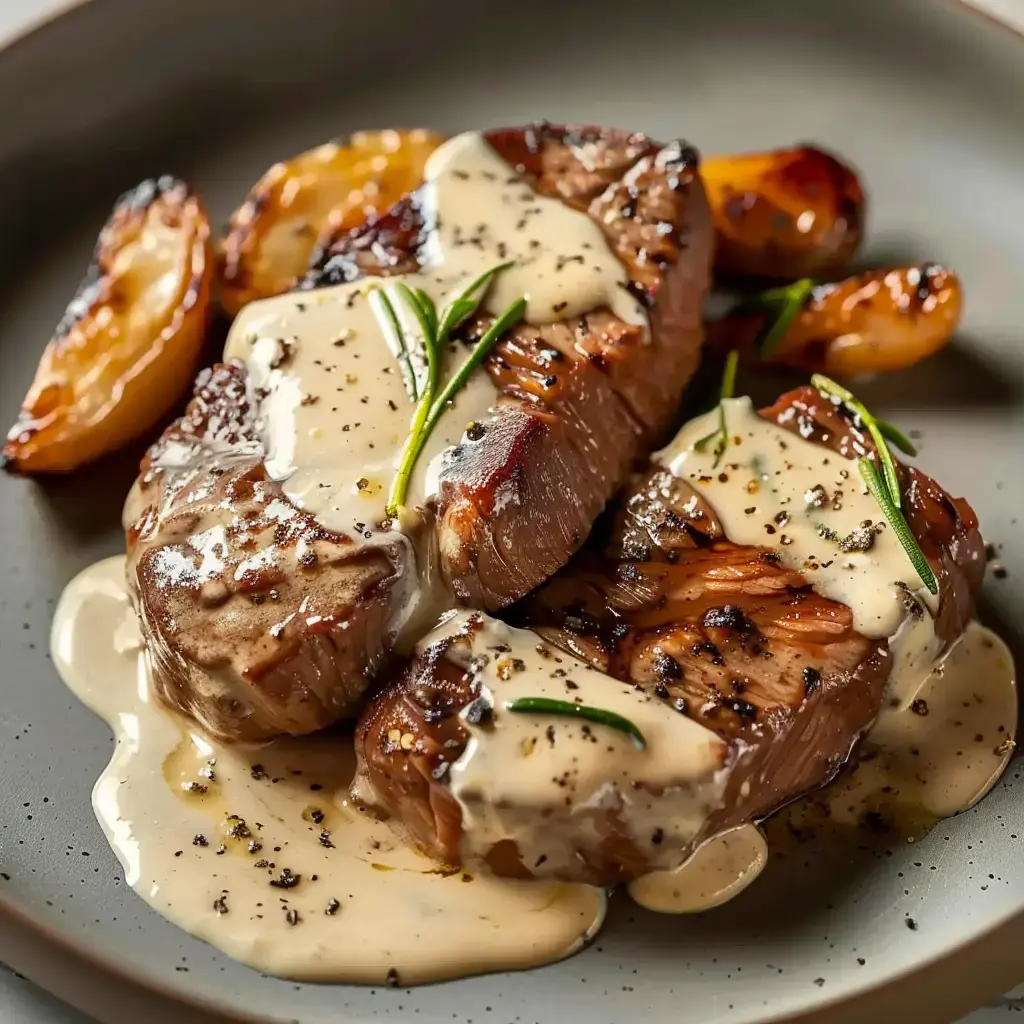 Deux morceaux de bœuf grillés garnis d'une sauce crémeuse, avec des citrons rôtis sur une assiette élégante.
