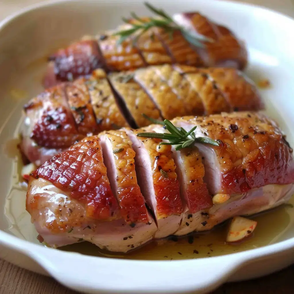 Tranches dorées de magrets de canard rôtis, présentées avec des herbes et de l'huile dans un plat.