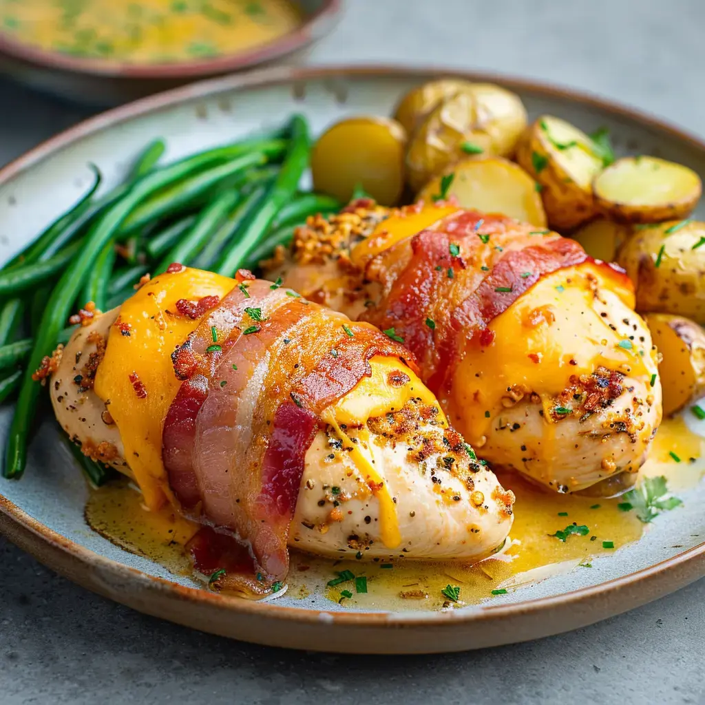 Poulet garni de cheddar et lard croustillant, accompagné de haricots verts et pommes de terre en robe, sur une assiette.