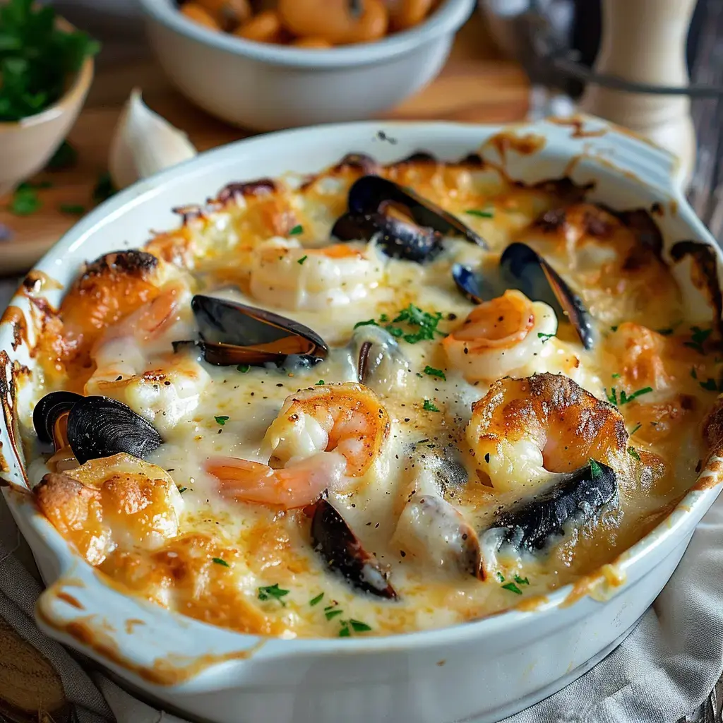 Un gratin gourmand avec moules, crevettes et cabillaud, gratiné à la perfection et garni de persil.