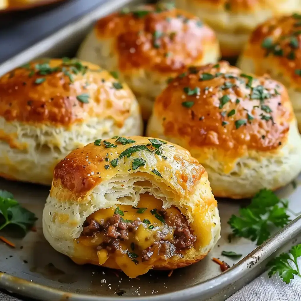 Boulettes croustillantes avec viande hachée, fromage coulant et touche de persil, prêtes à être dégustées sur une plaque.