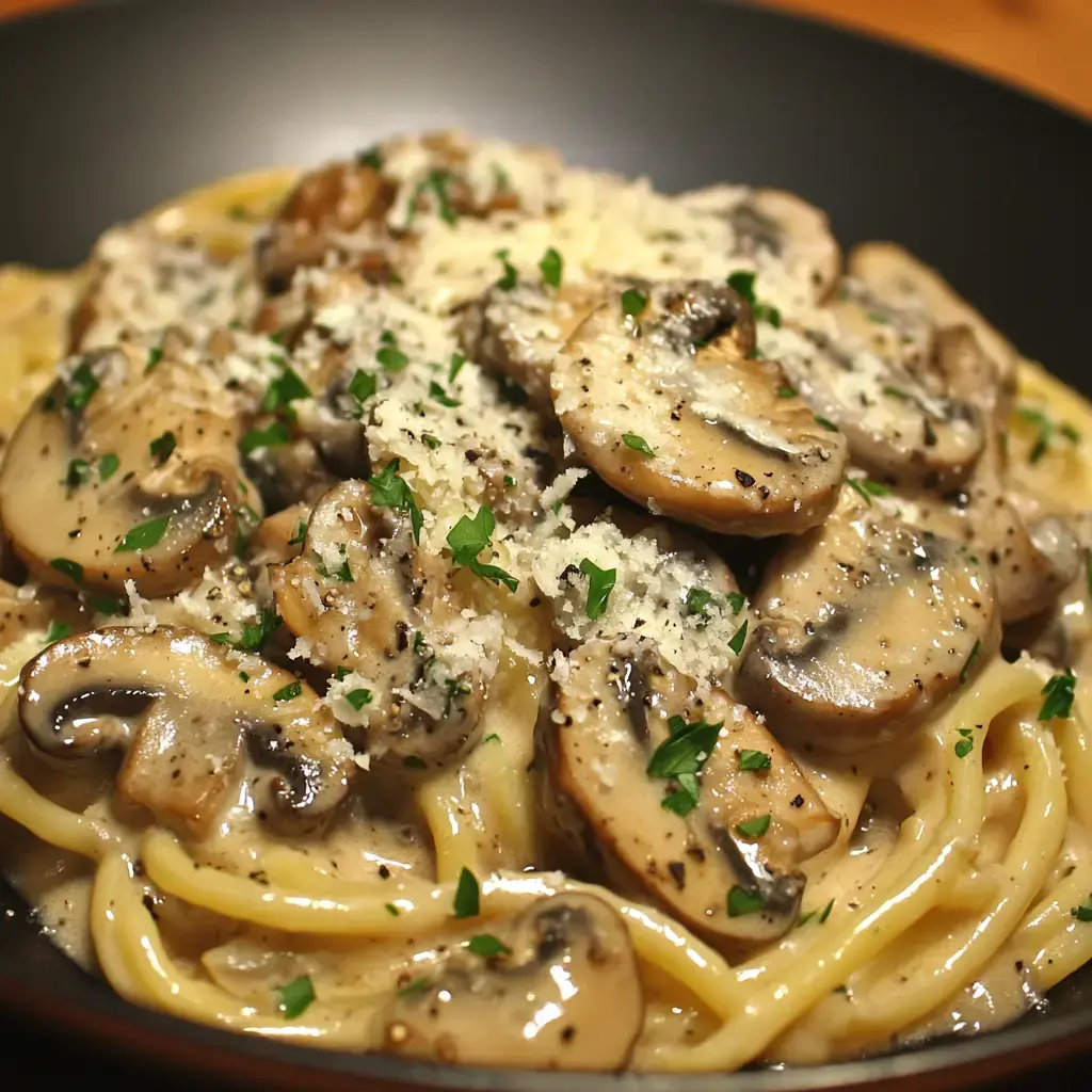 Champignons en sauce crémeuse avec une touche de parmesan et persil frais sur des pâtes.