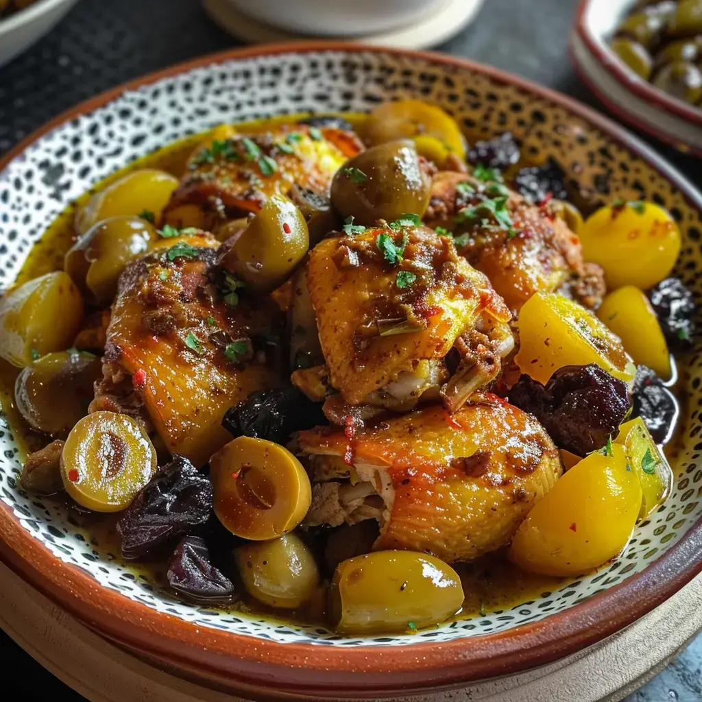 Tajine de poulet aux pruneaux, olives et épices servi dans un plat marocain traditionnel.