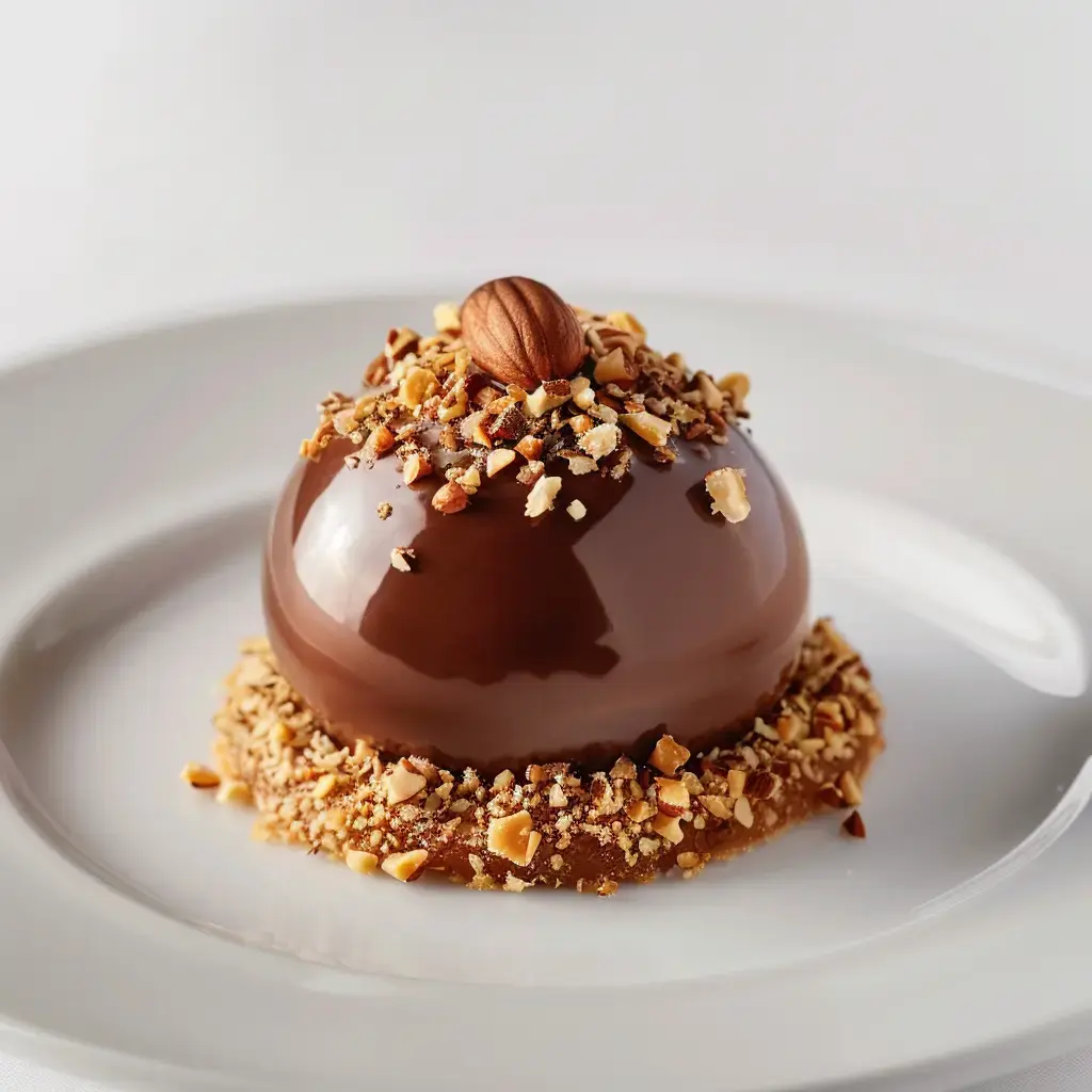 Une belle coque en chocolat façon dôme, garnie de petits bouts de noix, posée sur une base croquante.