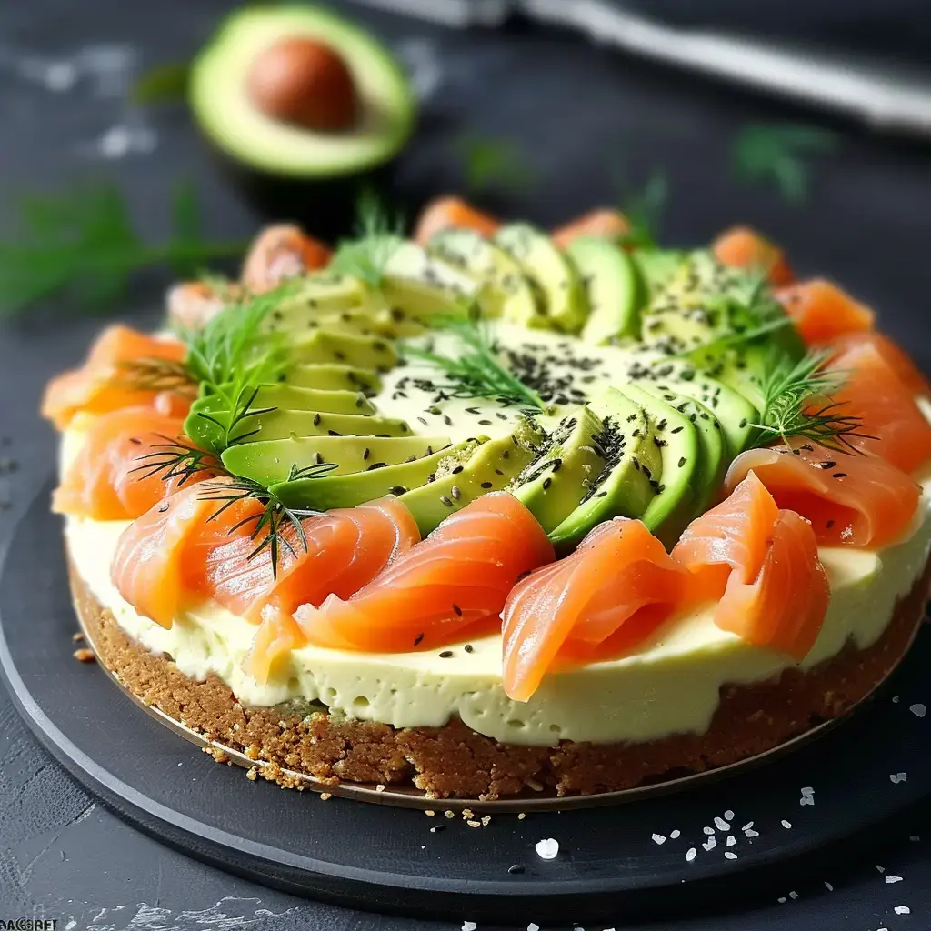 Joli gâteau garni d’avocat et saumon fumé en tranches. Il y a aussi de l’aneth et des petites graines noires, sur un fond croustillant.