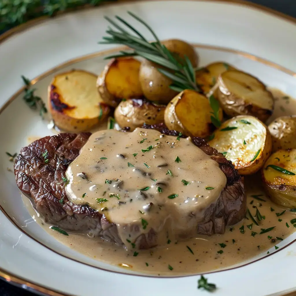 Un steak servi avec une sauce crémeuse et des pommes de terre rôties.