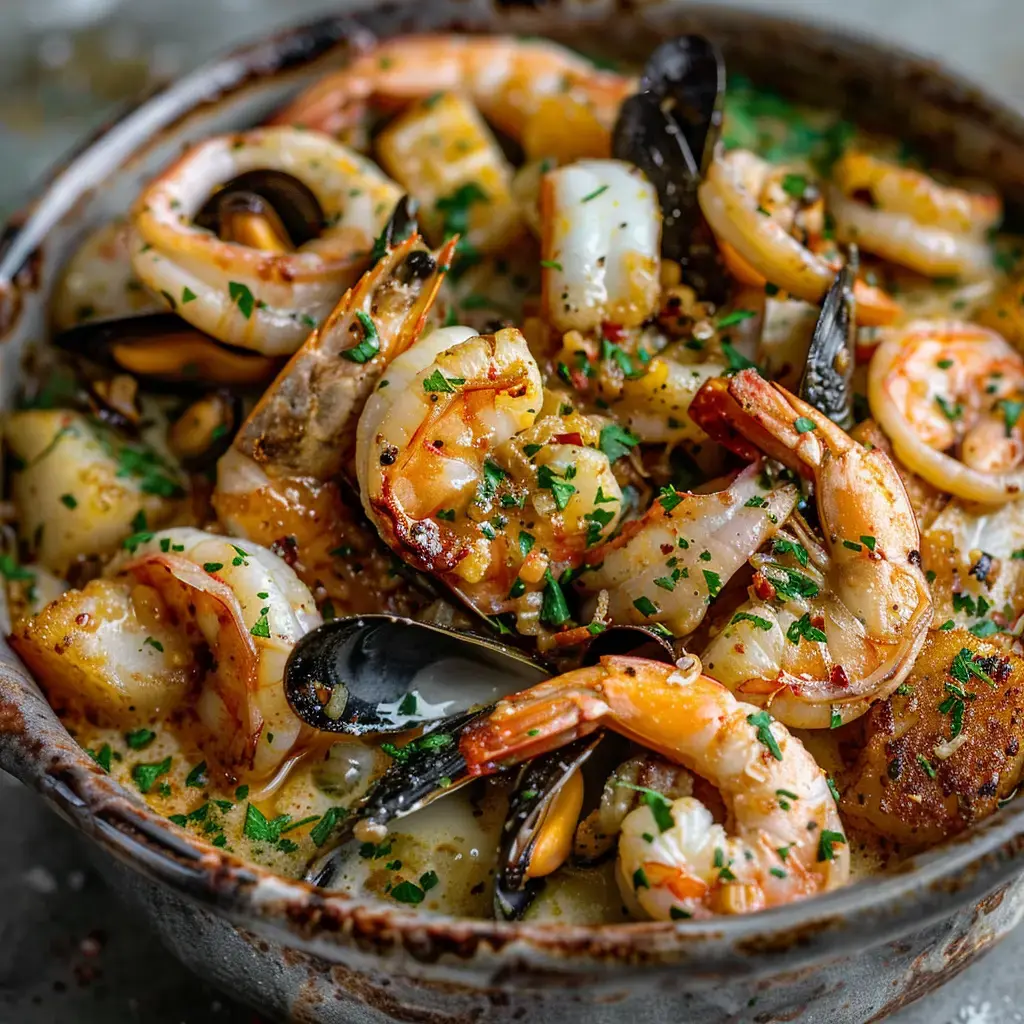 Des crevettes, morceaux de poisson et moules persillées, servis ensemble dans une grande marmite.
