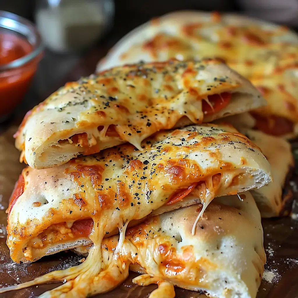 Calzones tout chauds, fromage fondant et sauce tomate, sur une planche en bois.