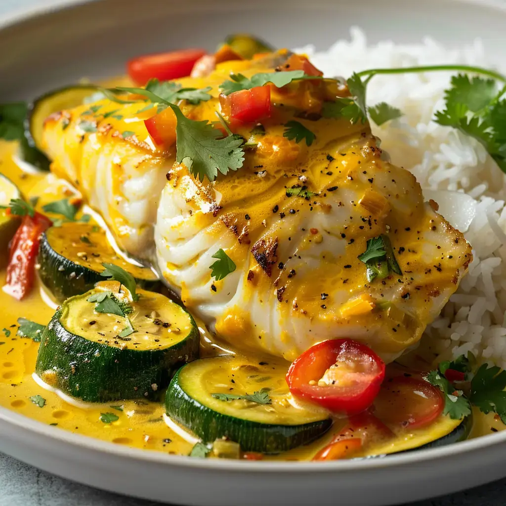 Poisson servi sur du riz, entouré de légumes colorés et garni de tomates fraîches et coriandre.