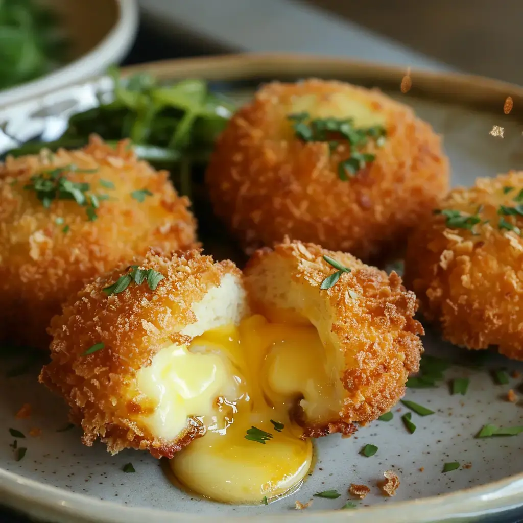 Des croquettes bien dorées avec du fromage qui coule à l’intérieur, posées sur une assiette garnie d’herbes fraîches.