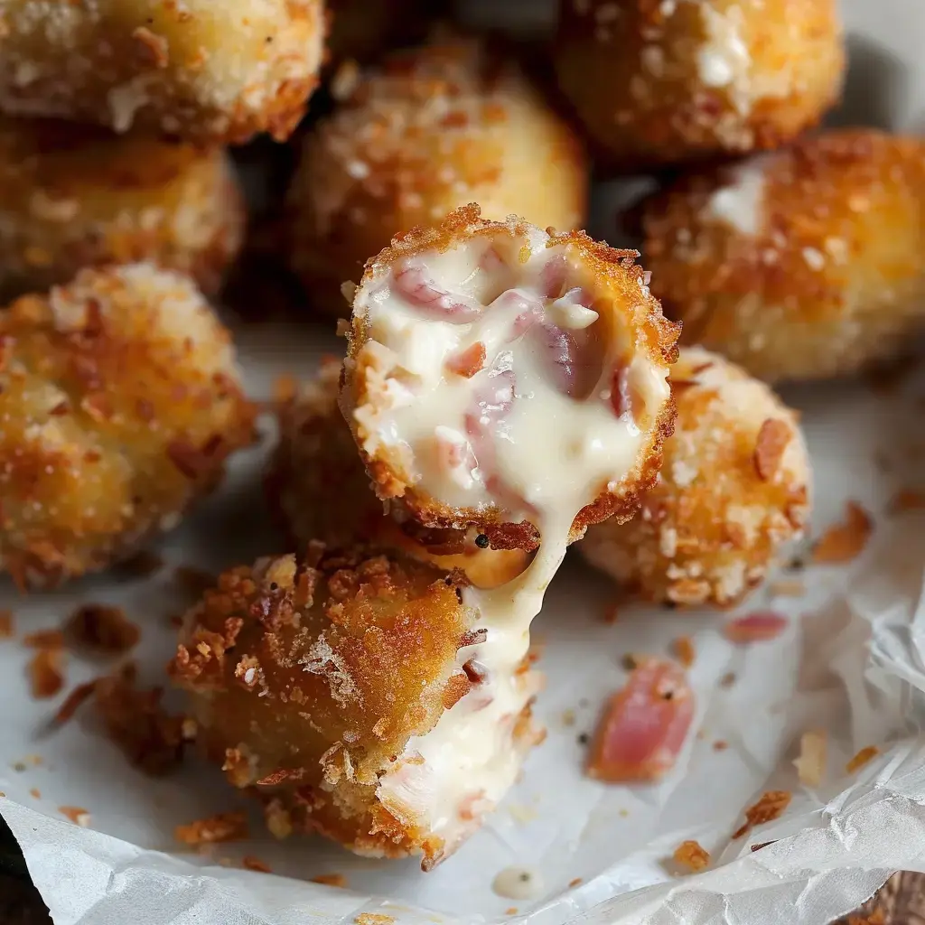 Croquettes croustillantes, l'intérieur montrant une farce fondante au jambon.