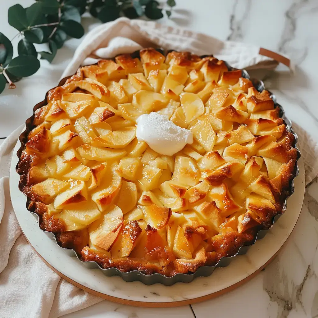 Une tarte pommes dorée, garnie de tranches de fruits et accompagnée d'une cuillère de crème, posée sur une assiette.