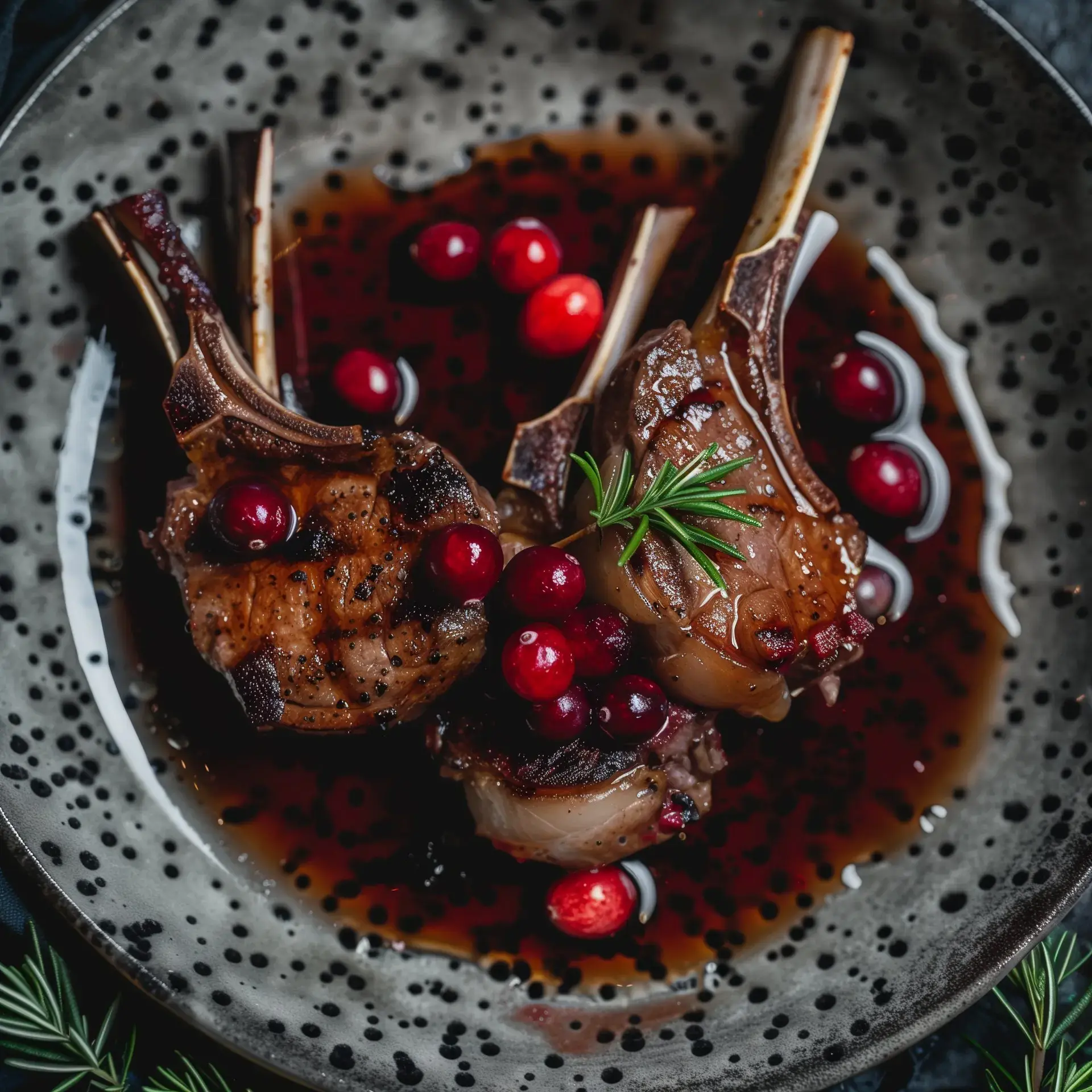 Côtelettes d'agneau grillées, nappées de sauce canneberge foncée avec une déco festive.