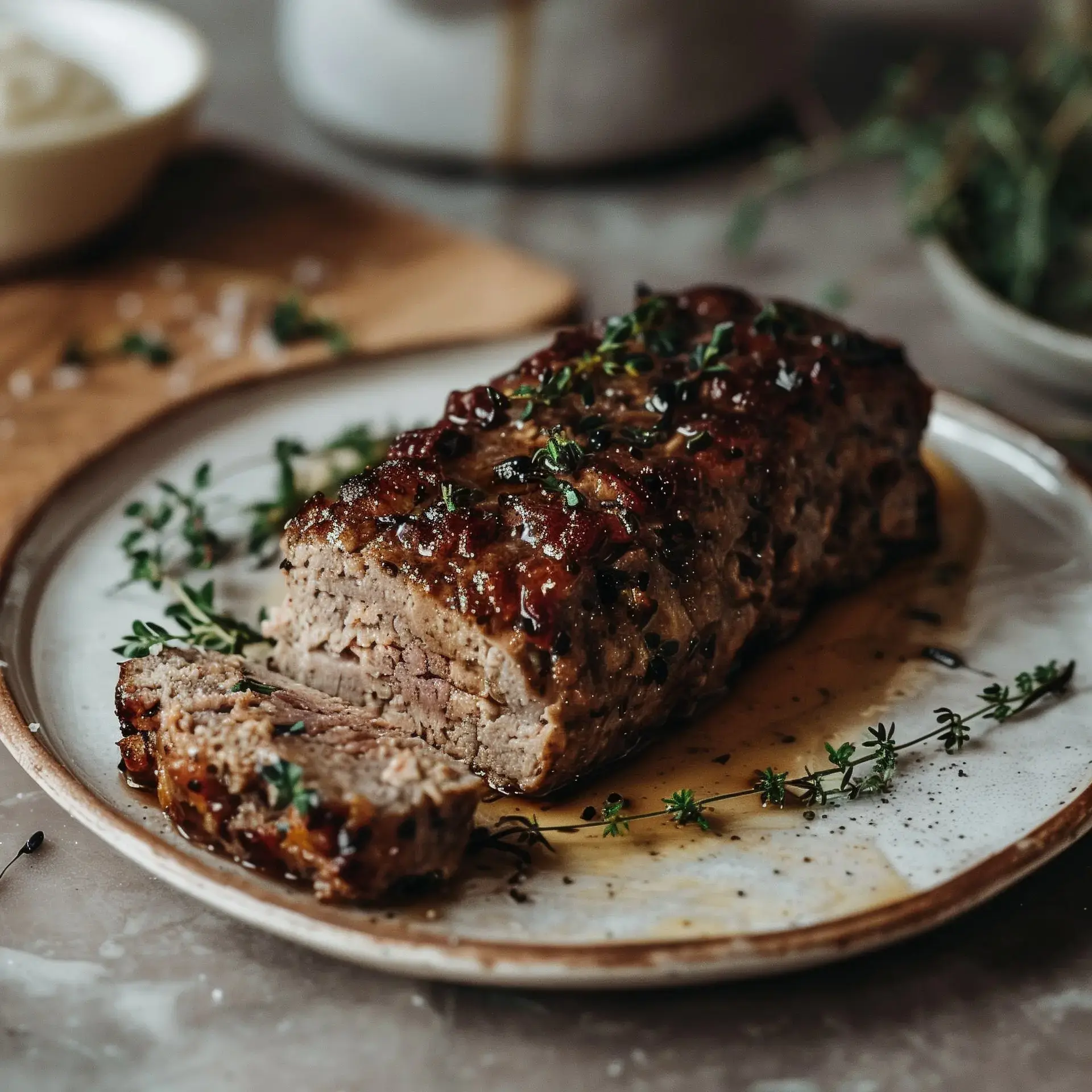 Une présentation soignée avec une viande garnie d’herbes sur un plat, une portion déjà découpée.