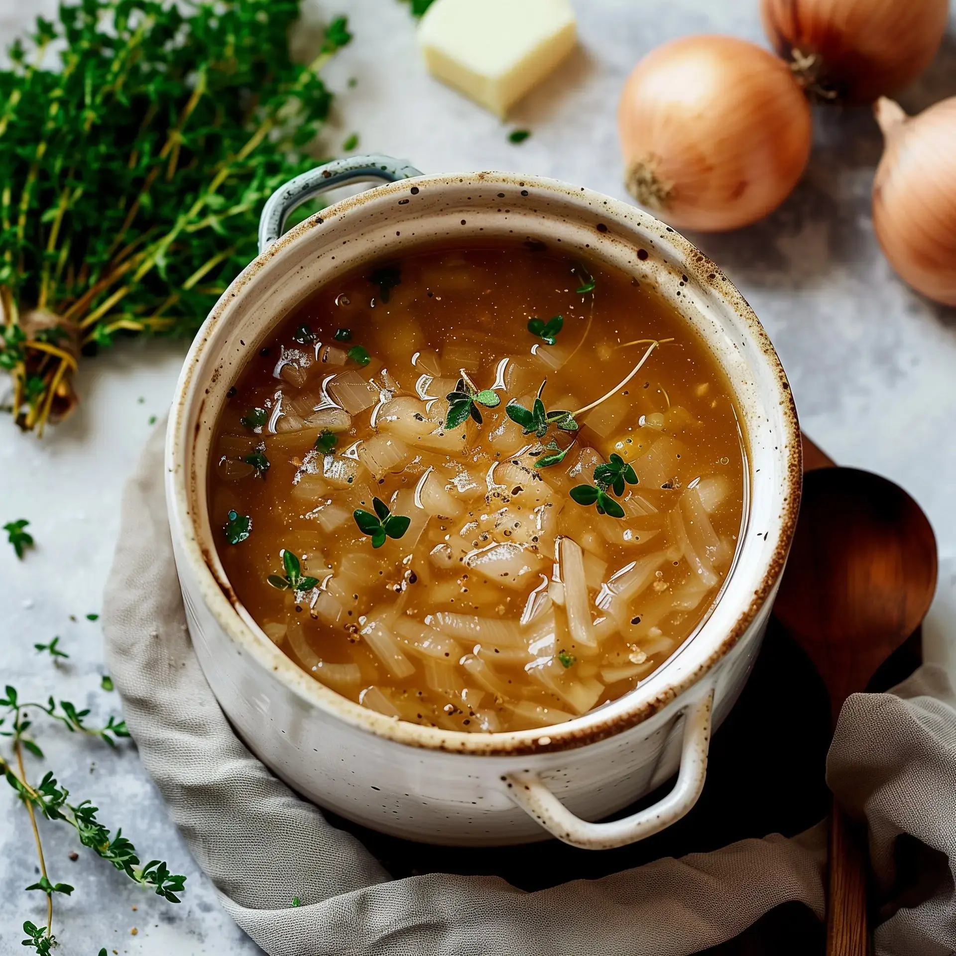 Un bol de soupe aux oignons fumante, décorée de branches de thym, accompagnée de croûtons et d'une cuillère.