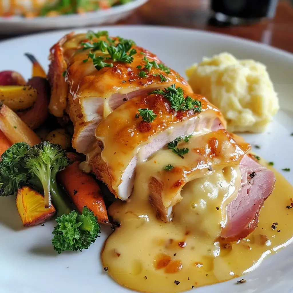 Assiette avec poulet doré nappé de sauce onctueuse, servi avec légumes colorés et purée maison.