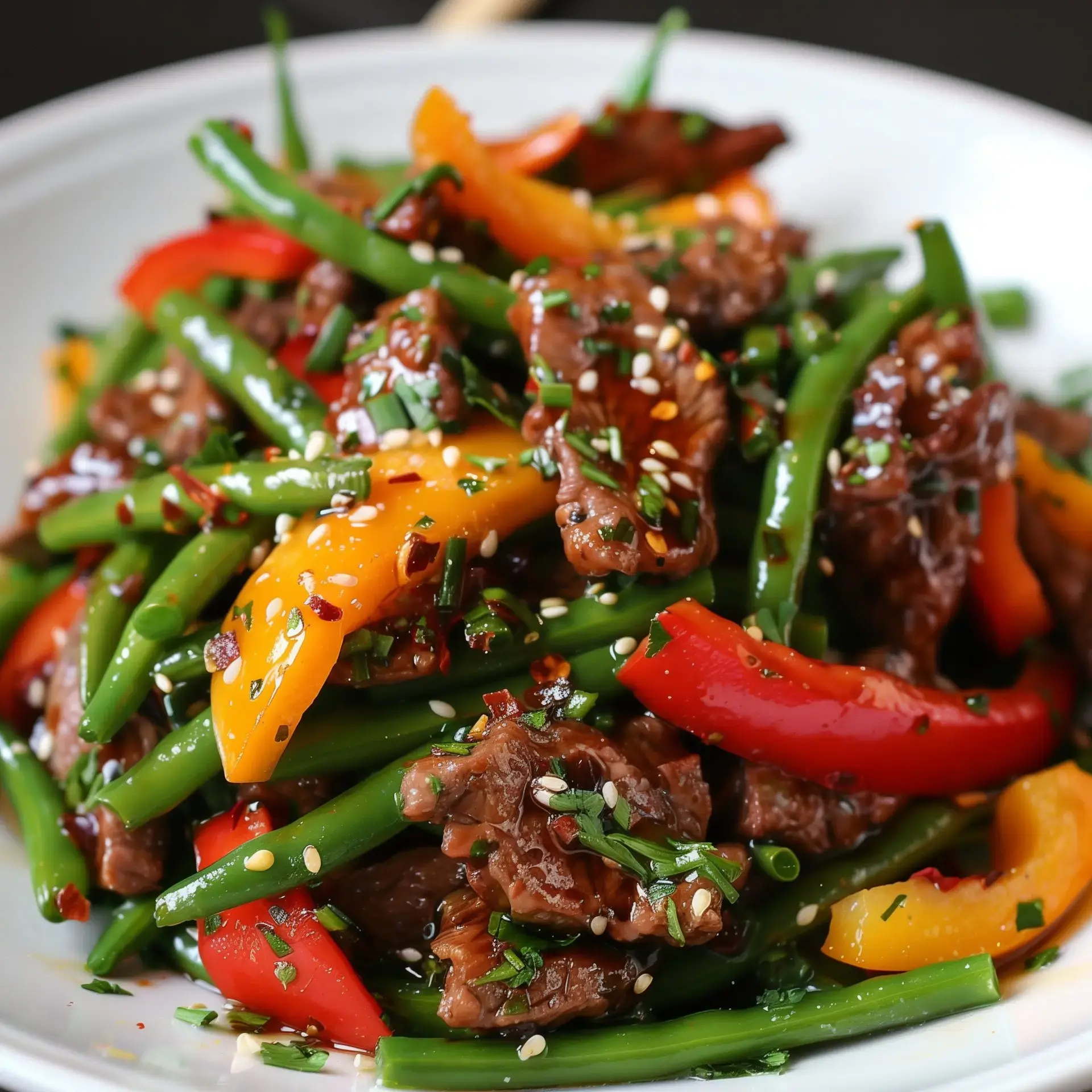 Plat de viande et légumes colorés avec herbes.