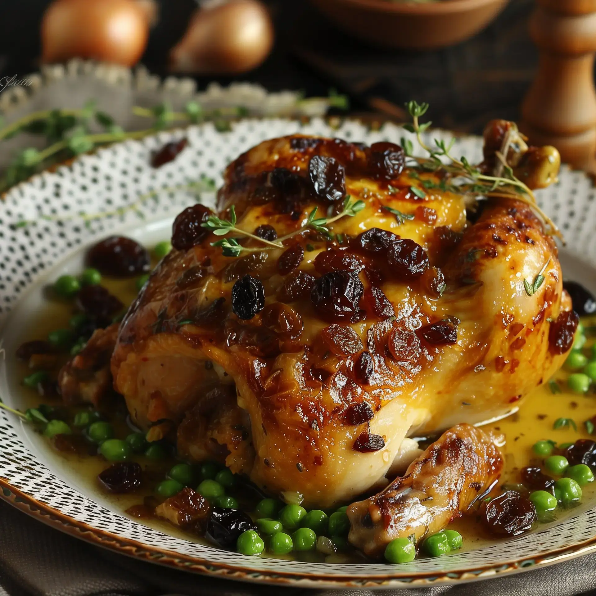 Un poulet doré garni de raisins secs et légumes verts est posé sur un lit coloré.