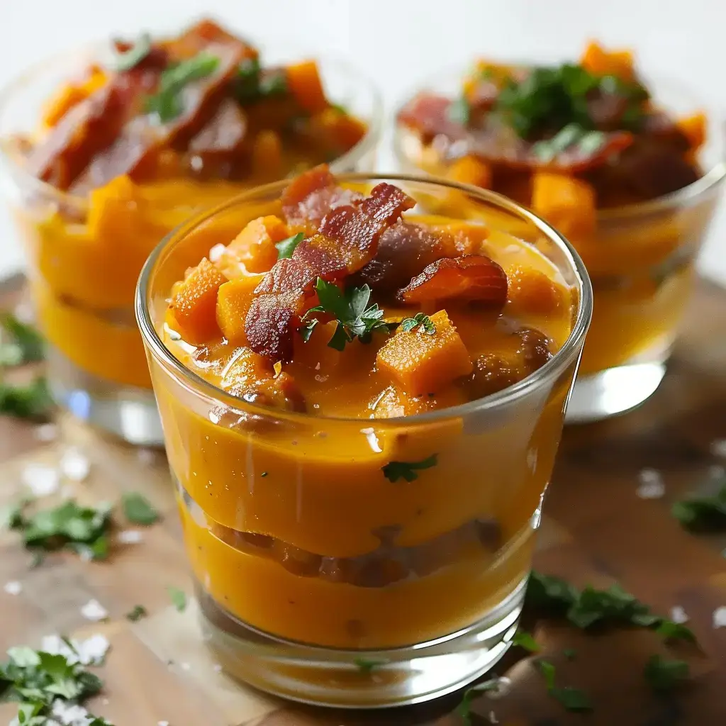 Verrines avec purée de butternut, morceaux de courge et lard croustillant, décorées de coriandre fraîche.