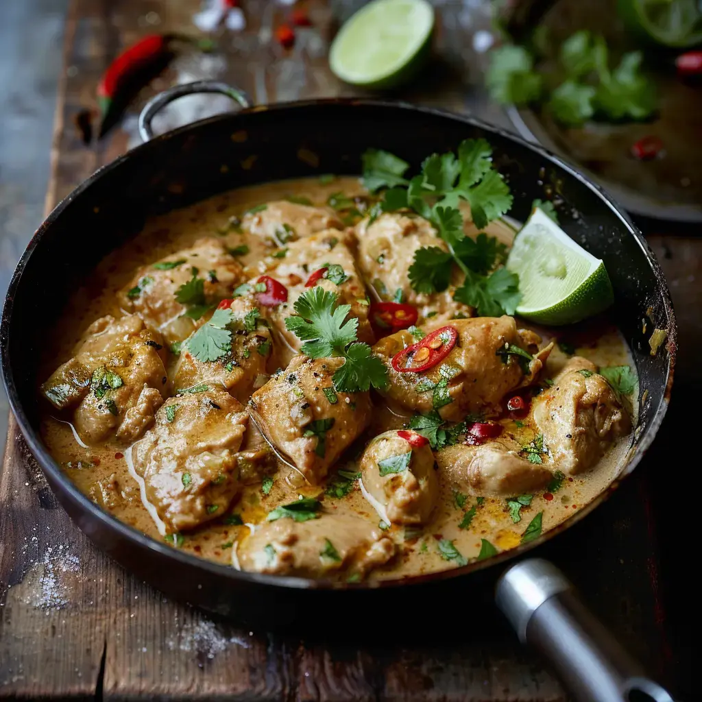 Poulet mijoté avec sauce crémeuse, coriandre, piment et quartiers de citron vert, présenté dans une poêle.