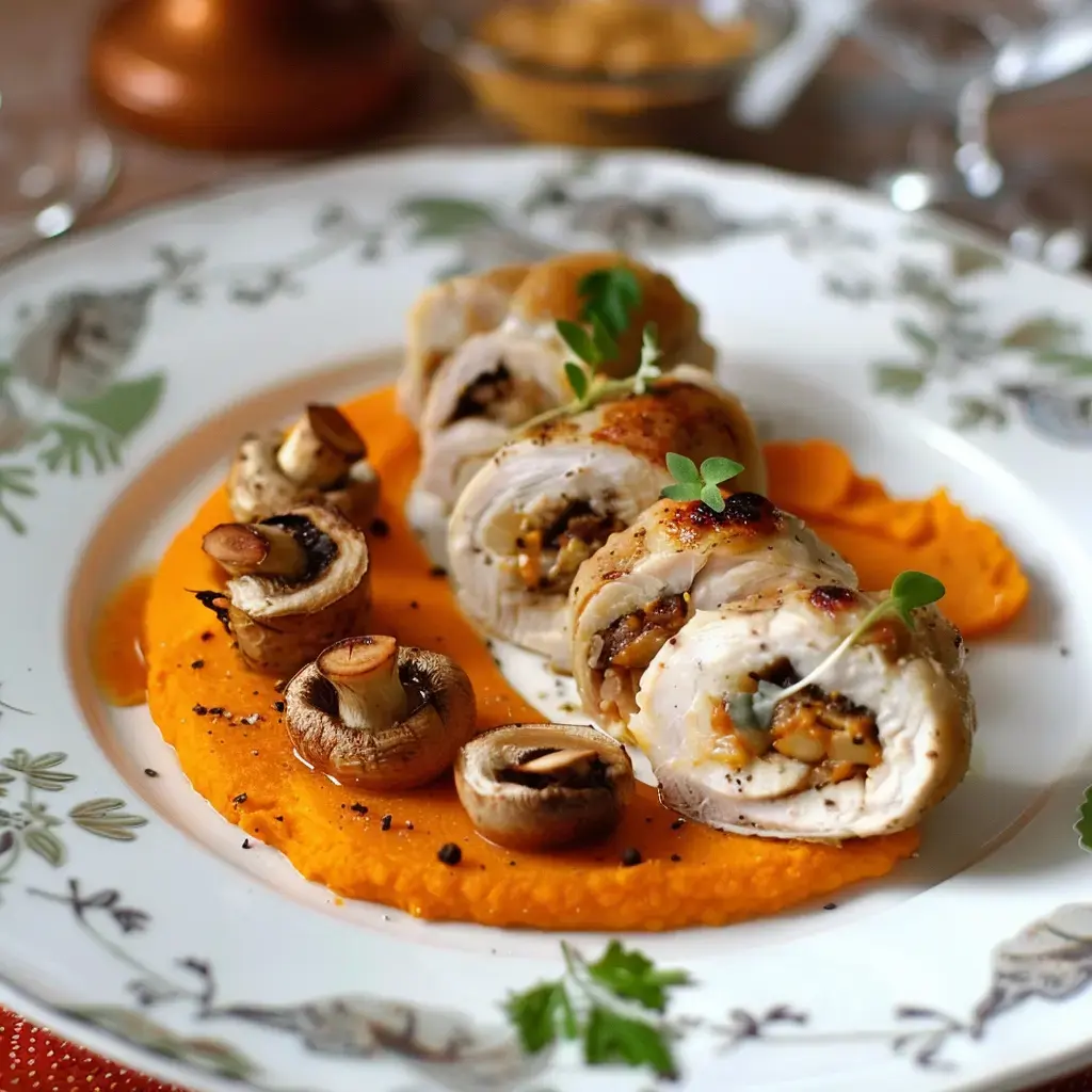 Des roulés de dinde raffinés avec purée patate douce et champignons grillés.